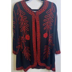 CATHERINES Black Red Embroidered Open Cardigan Plus 3X Long Sleeve Women